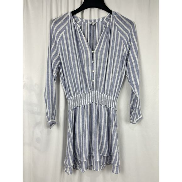 Rails Jasmine Mini Dress Women’s S Smock Waist Linen Blend Blue White Stripe - Picture 1 of 8